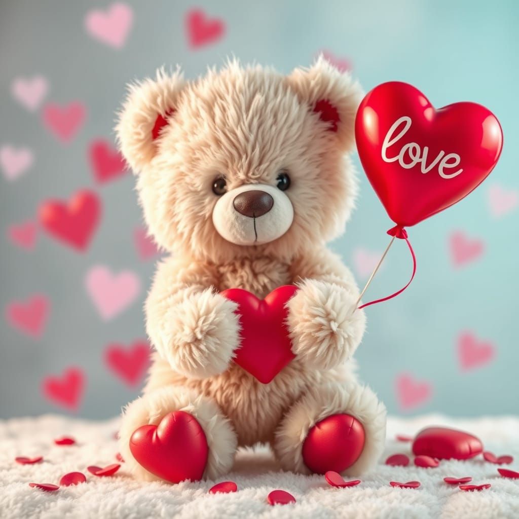 Cute Fluffy Teddy Bear Holding Love Hearts in a Misty Valent...