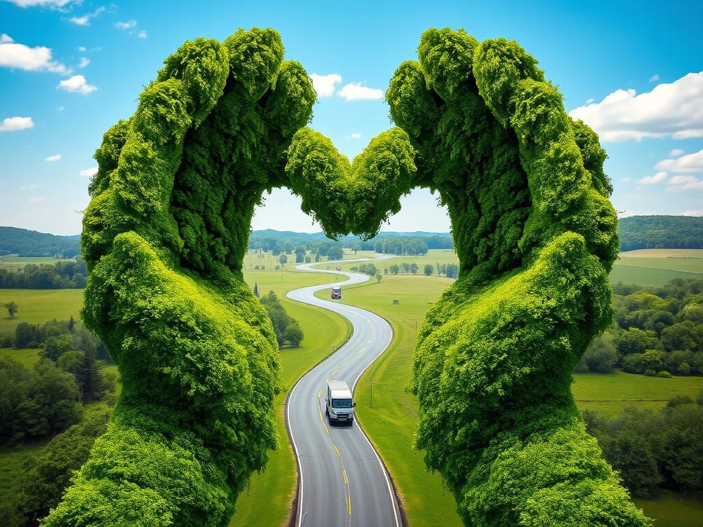 Ethereal Landscape with Giant Green Hands and Heart-Shaped R...