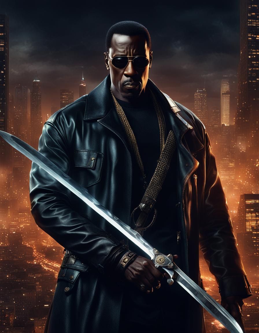 Hyperrealistic Wesley Snipes as Blade at Night