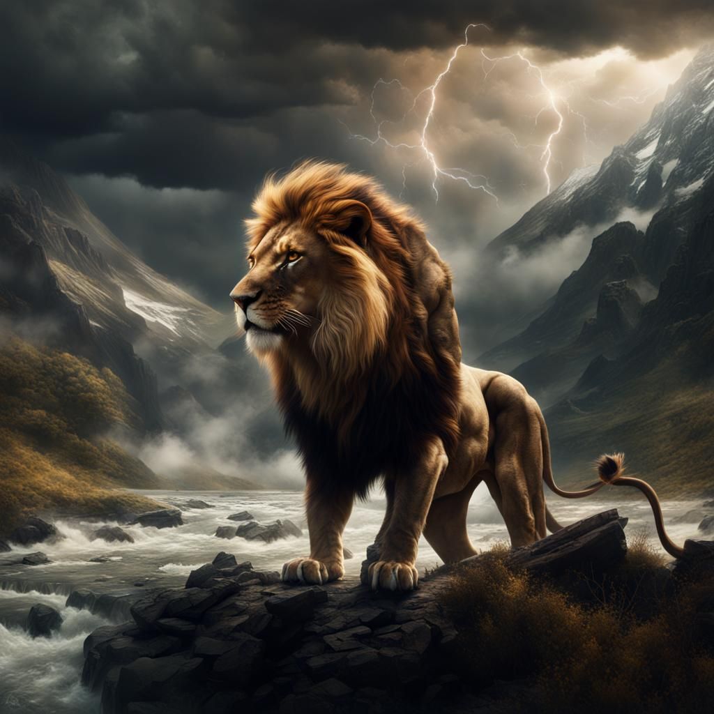 Epic Lion, Mountain, Dragon in Stormy Landscape