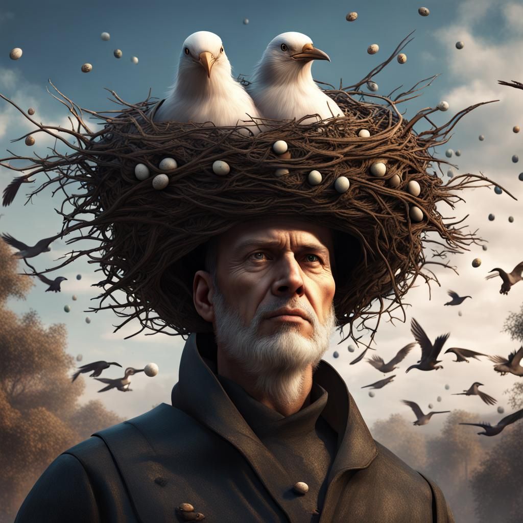 Birds Nest on a Bald Man's Head