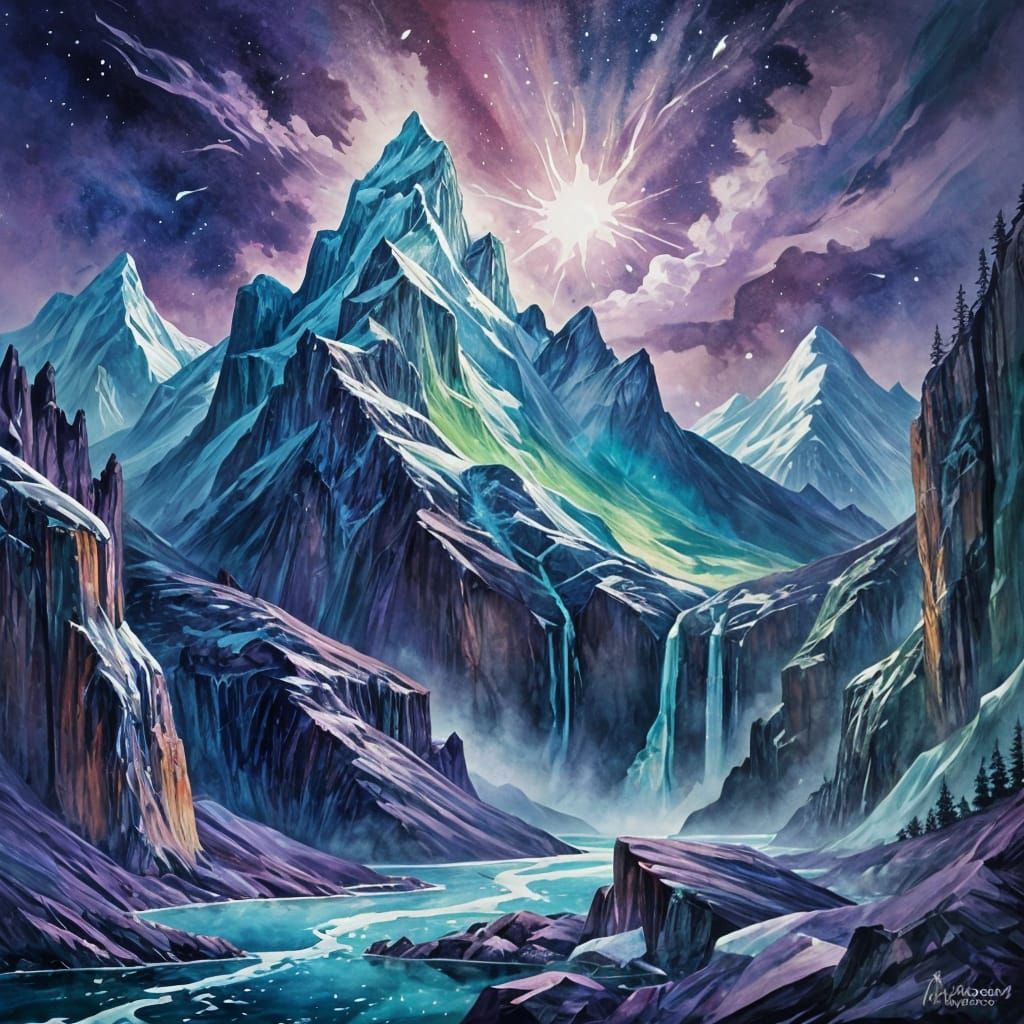 Ethereal Mountain Range Illuminated by Celestial Auroras in ...