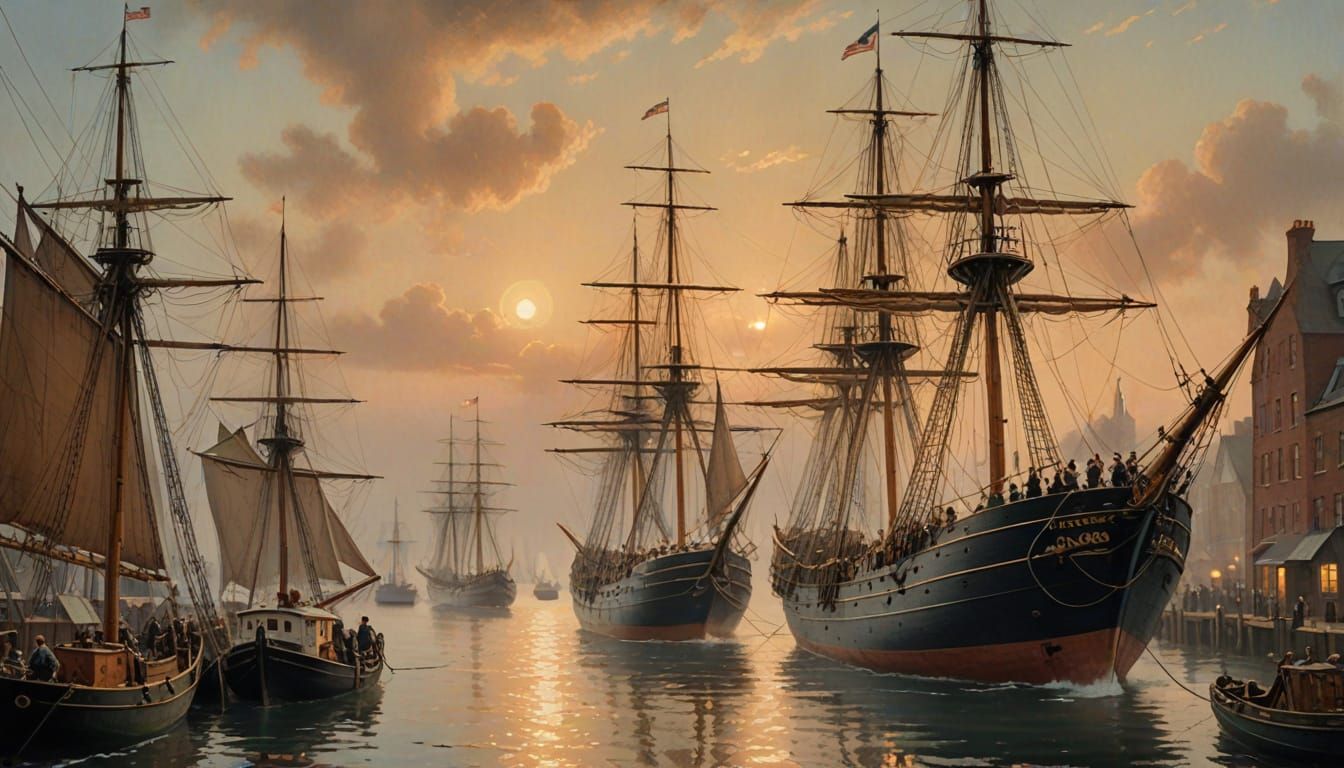 Sailing Freighters in Bustling 19th Century Harbor