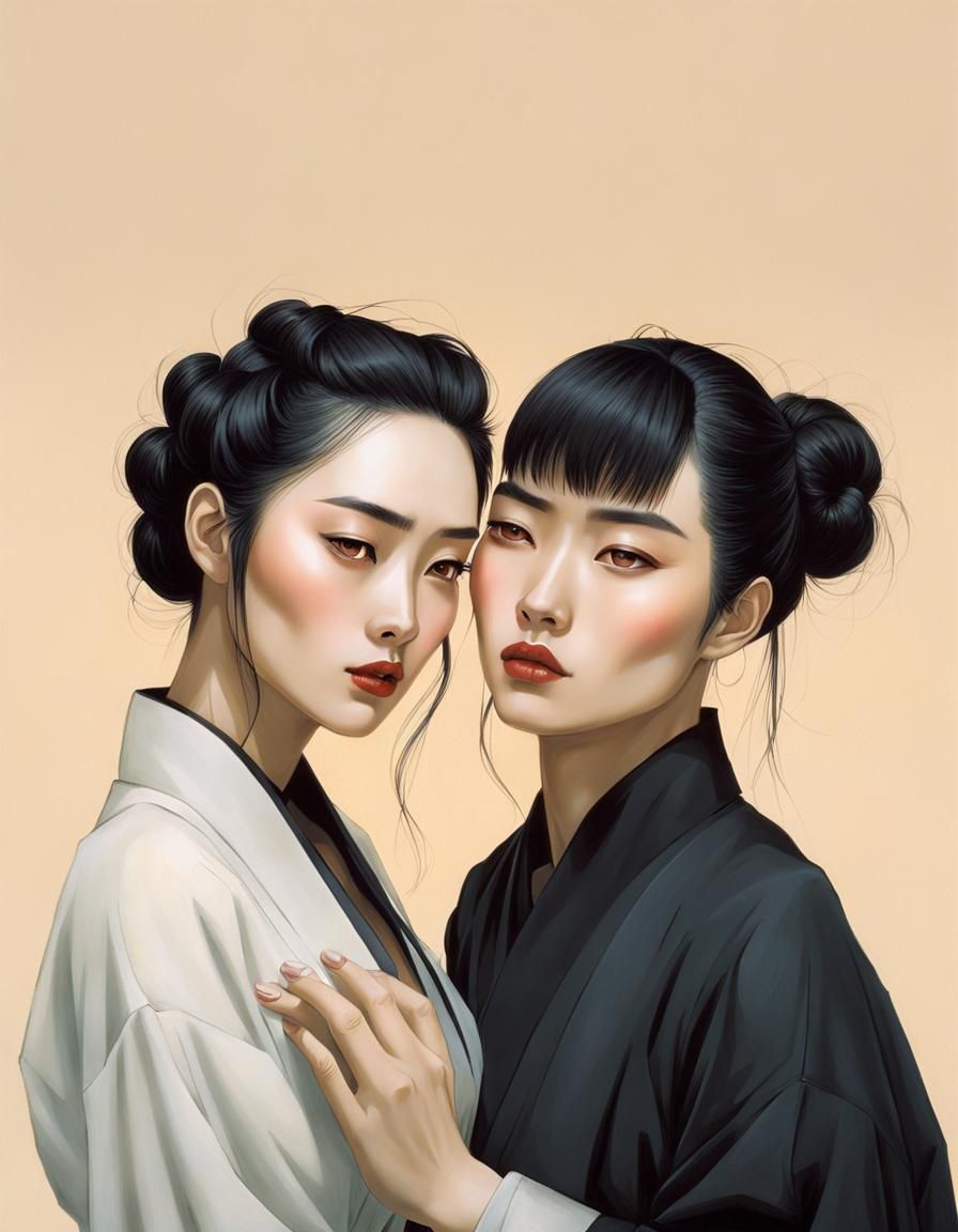 Asian Couple Making Up, Digital Art Portrait