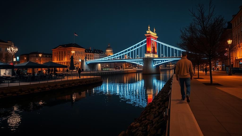 Riverside promenade at night