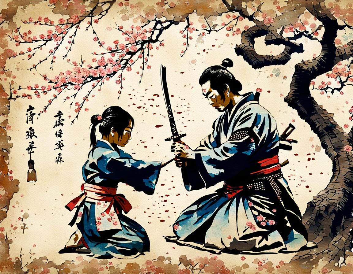 Samurai and Girl Under Blossoms: Vintage Painting
