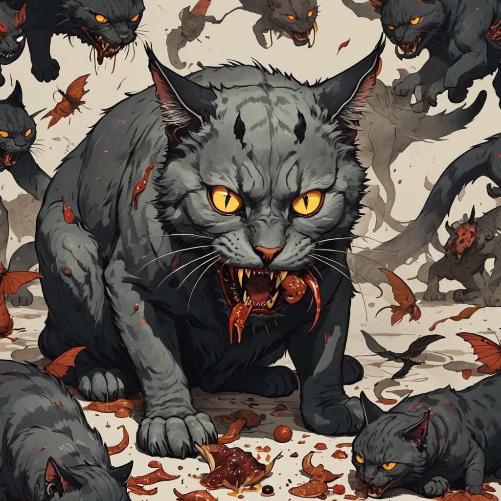 Cat Demon Consuming Prey: Dark Fantasy Art