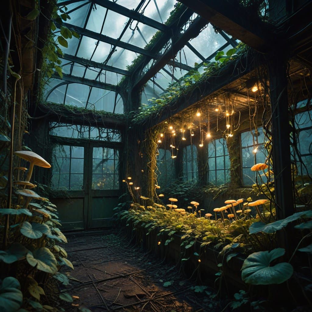 Forgotten Greenhouse Overtaken by Glowing Fungi