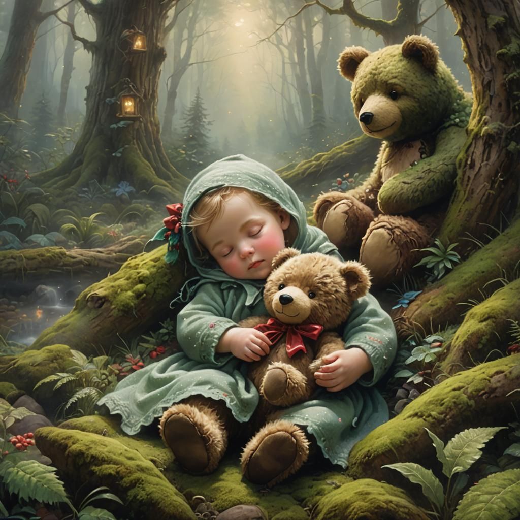 Christmas Baby and Antique Teddy Bear Painting