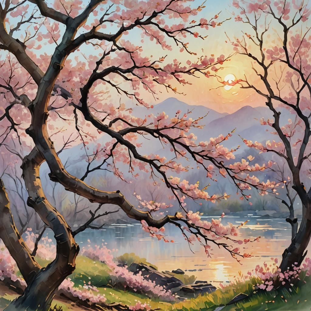 Cherry Blossom Sunset: Impressionistic Watercolor Painting