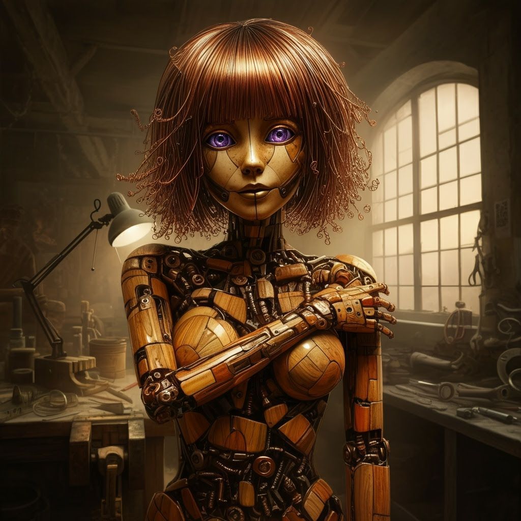 Teak Cyborg in Workroom, Oil Painting Style