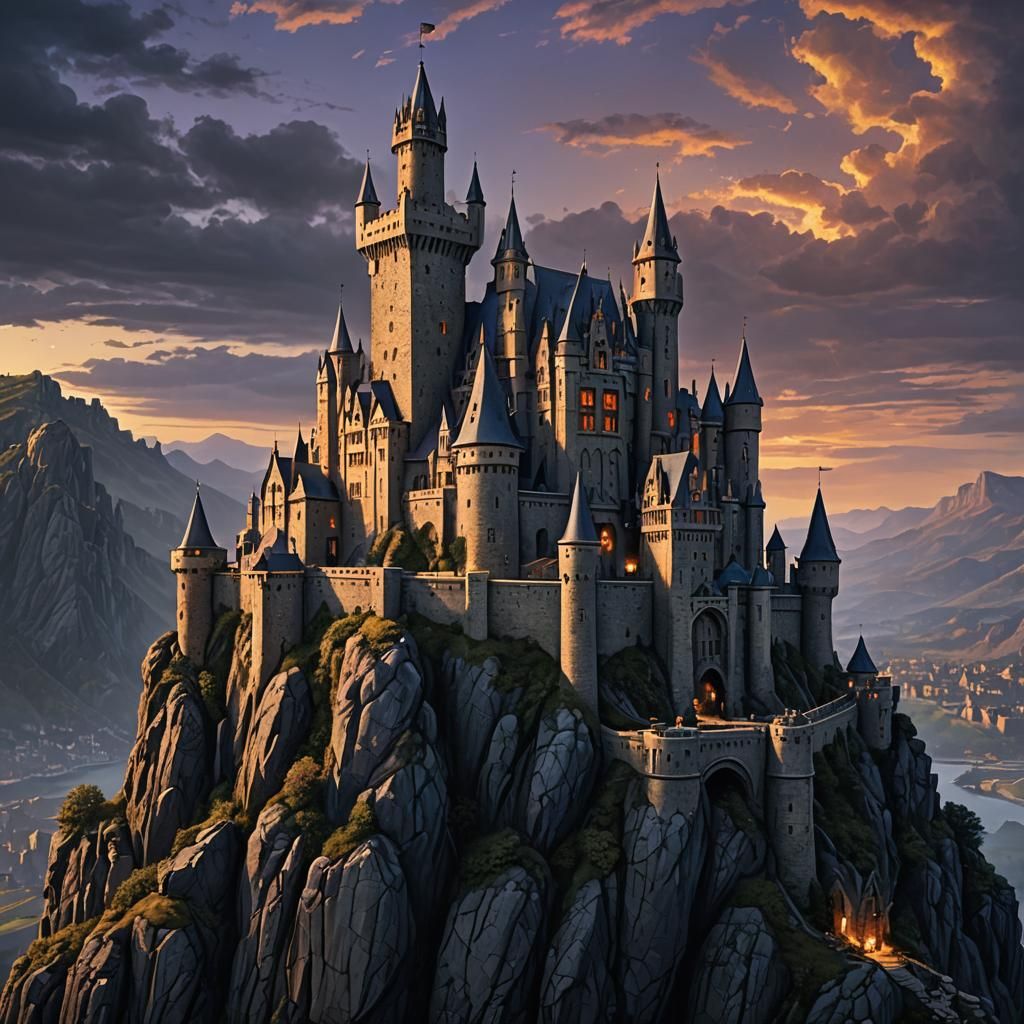 Dark Fantasy Castle Overlooking Medieval Town
