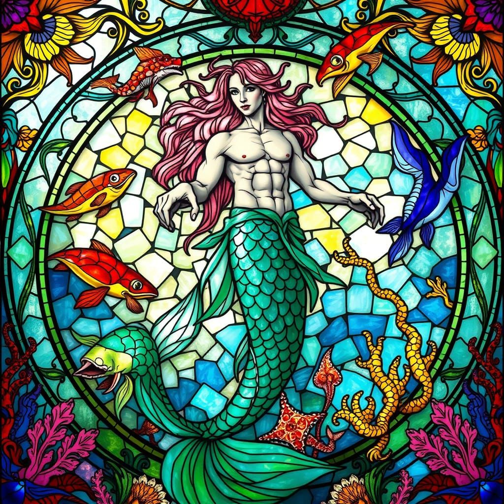 Merman and Sea Creatures in Stained Glass Art Nouveau