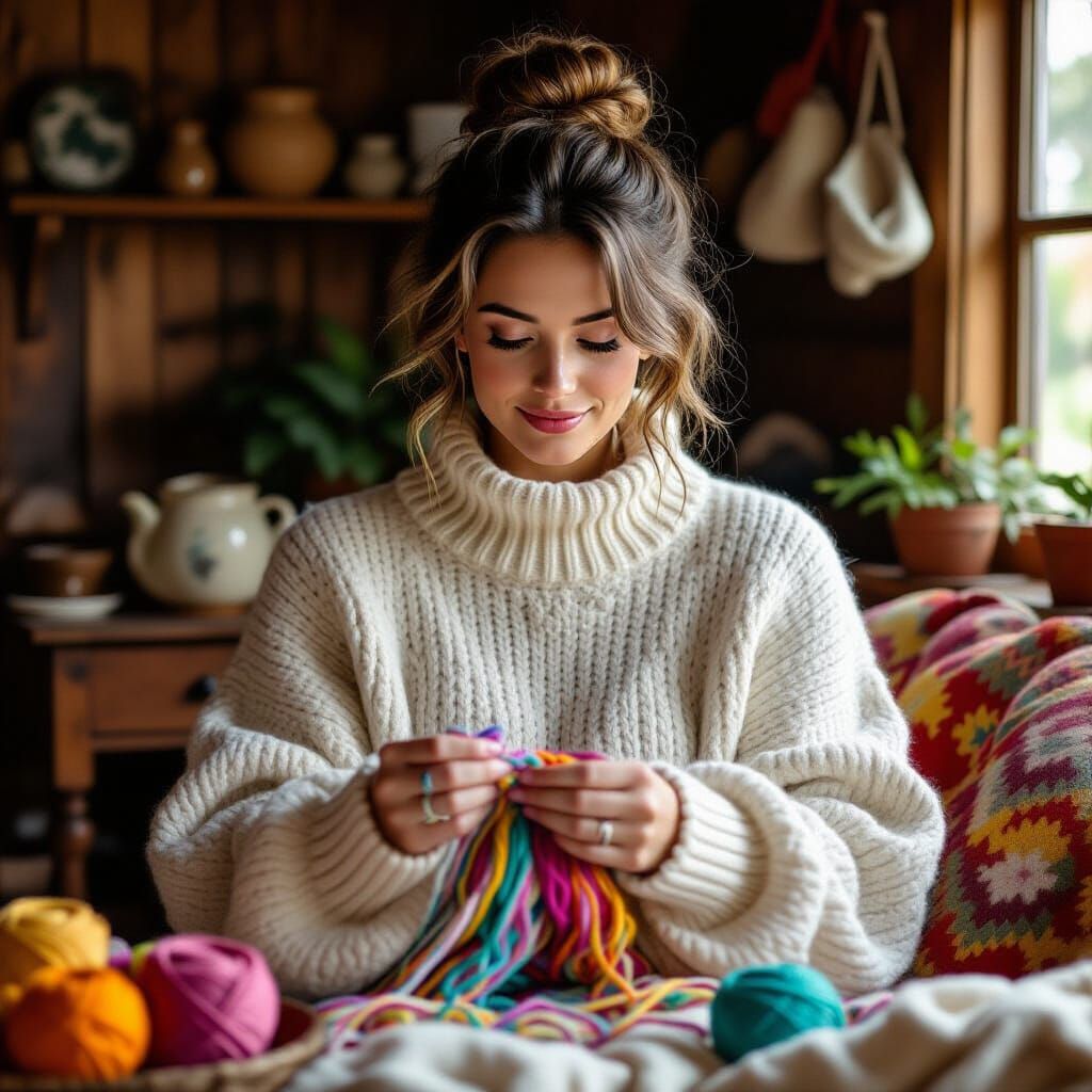 Woman Crocheting in Rustic Room, Whimsical Folk Art