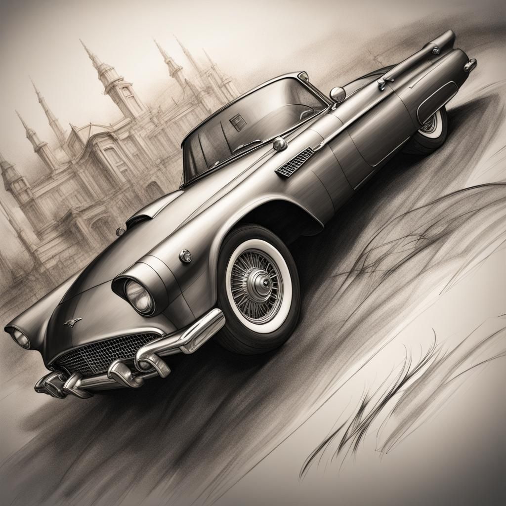 Ford Thunderbird in Da Vinci Style Charcoal Drawing