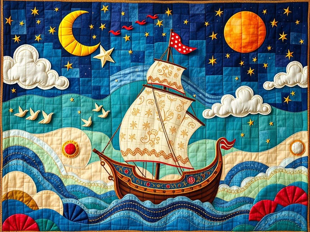 Celestial Patchwork Ship Soars Through Vibrant Fabric Skies