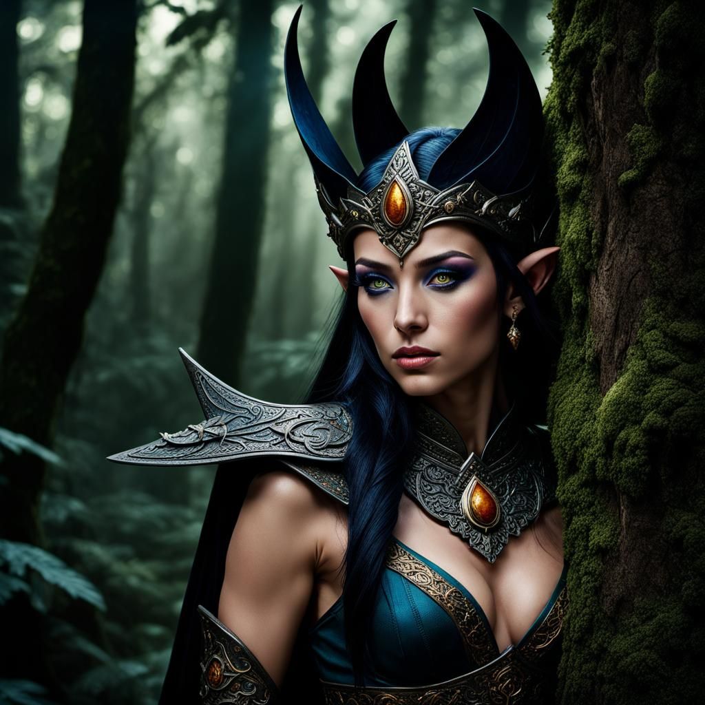 Fantasy Moon Elf Portrait in Dark Woods