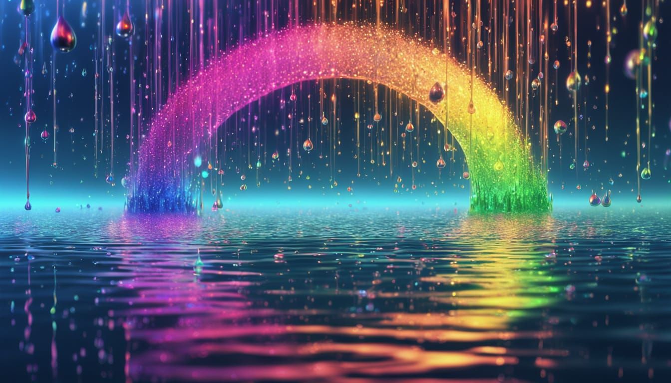 Rainbow Arc Raining Luminous Drops on Blue Liquid