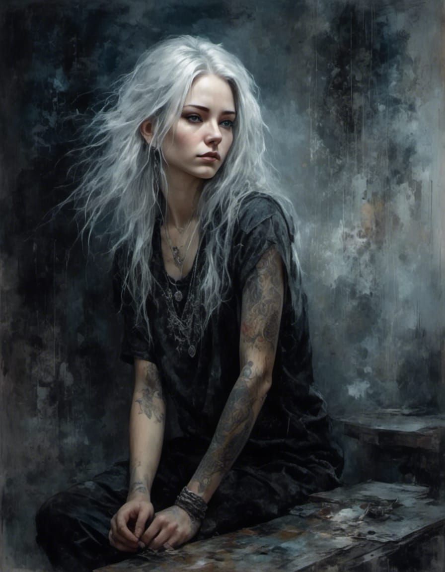 Goth Man Portrait with Fractal Wallpaper in Watercolor Style