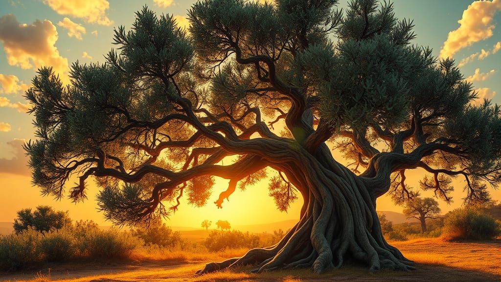 Majestic Olive Tree in Dreamy Digital Landscape