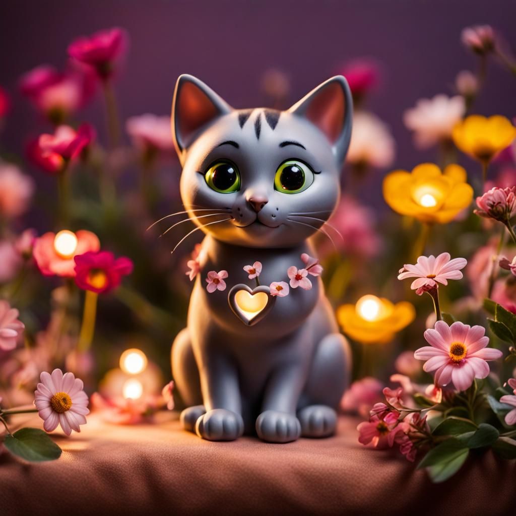 Surreal Claymation Scene of Cute Cat Among Blooming Flowers