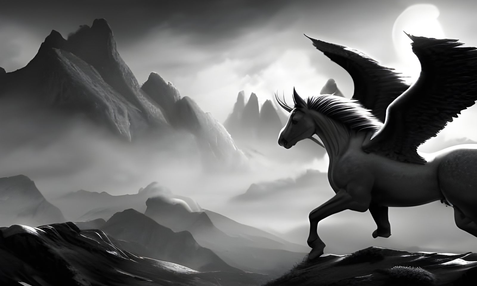Monochrome Pegasus Soaring Over Mountains