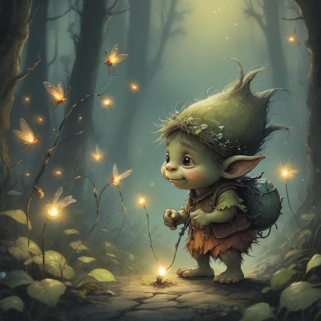Baby Troll Chasing Fireflies in Enchanted Forest