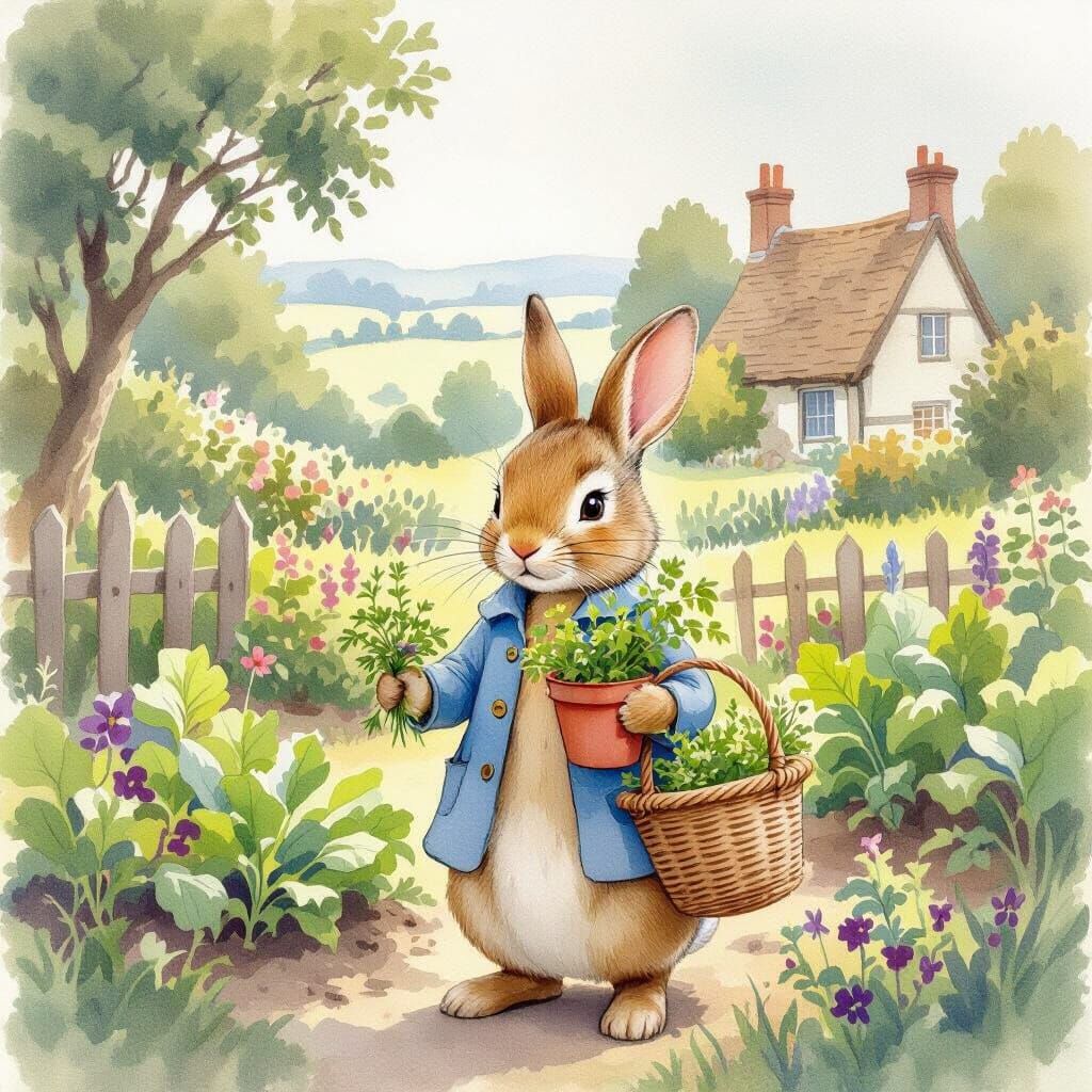 Peter Rabbit in Garden Watercolor Children's Book Illustrati...