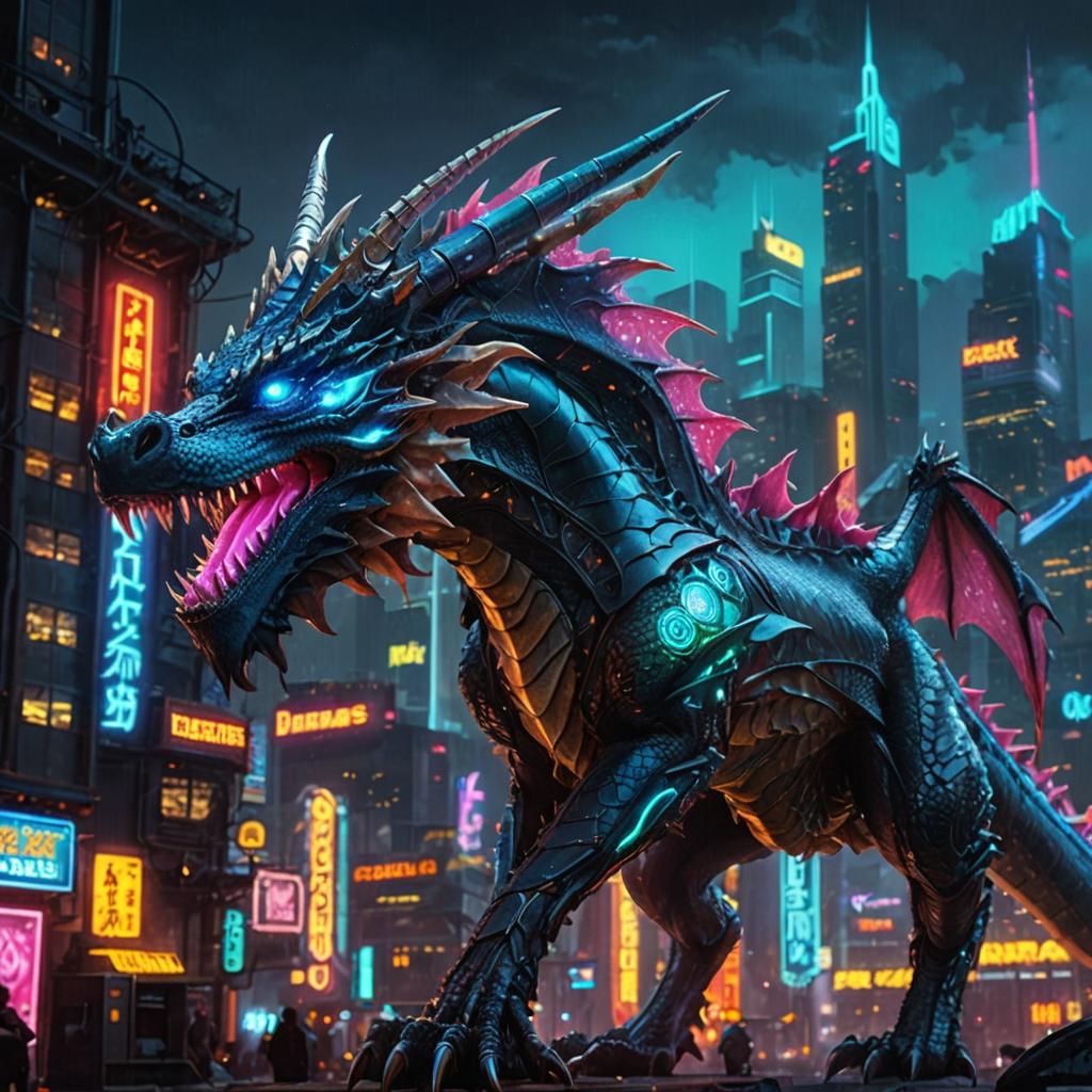 Cyberpunk Dragon in Neon Cityscape