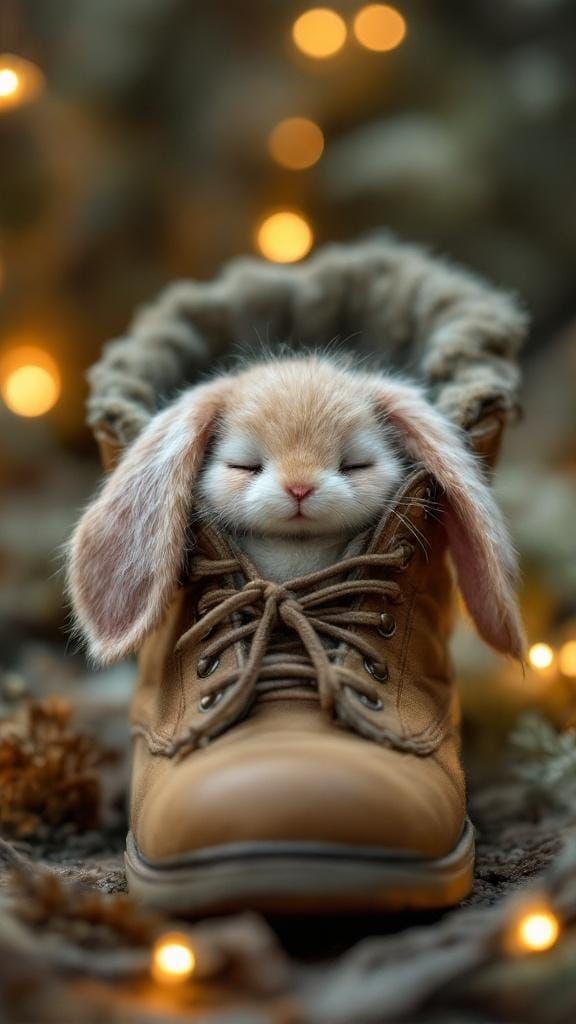 Felted Bunny Asleep in Boot in Whimsical Style
