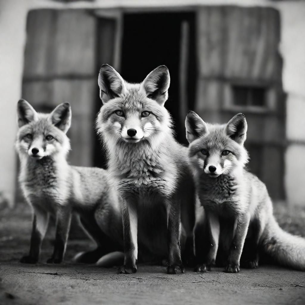 Anthro Fox Family Outside Factory, Vintage Black and White P...