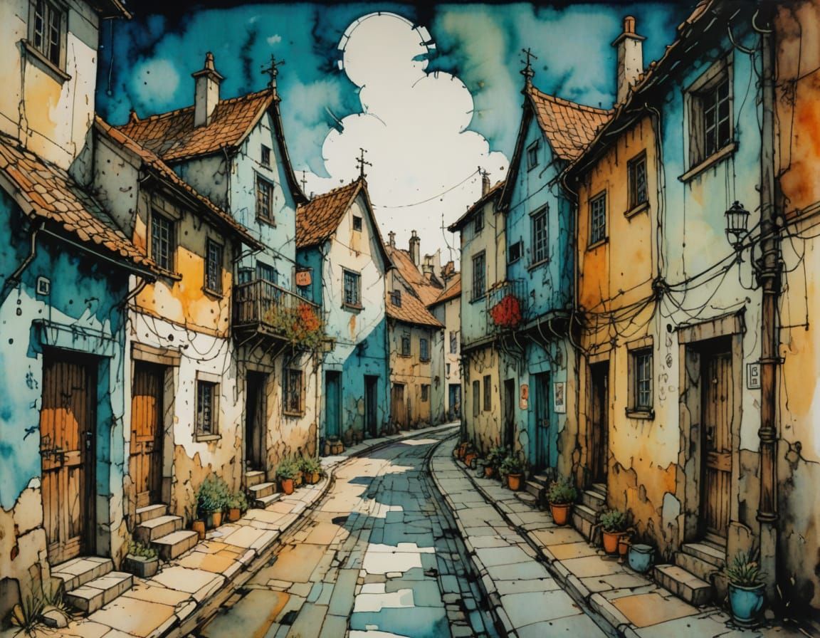 Whimsical Portuguese Village Street in Alcohol Ink Style