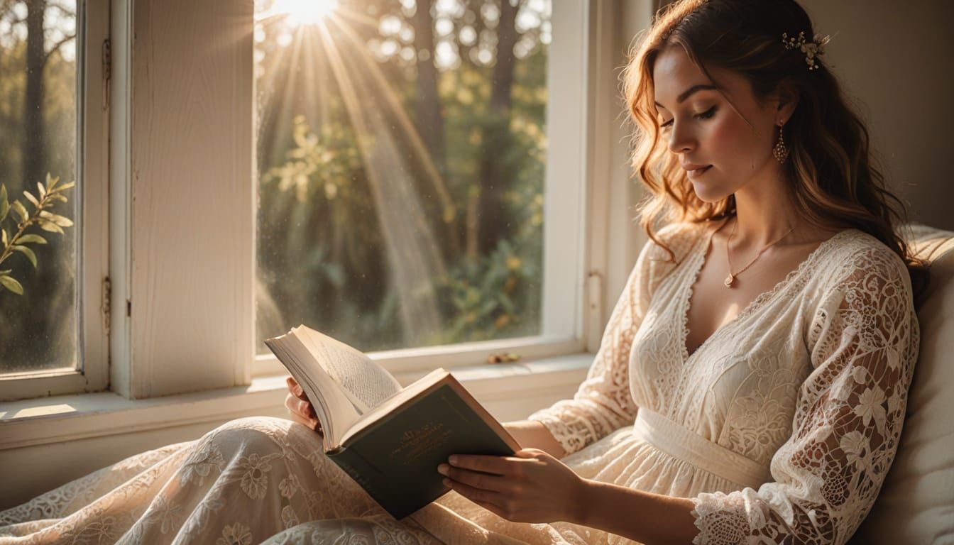 Woman Reading in Sun-Drenched Window Seat