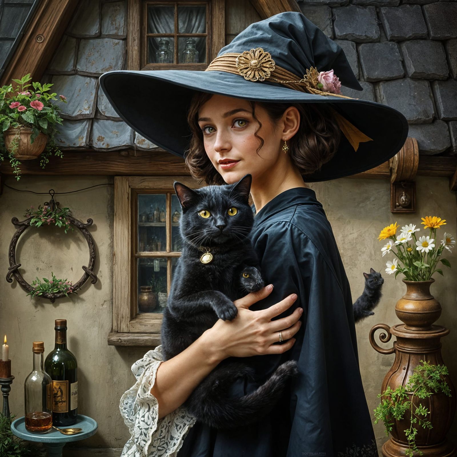 Enchanting Female Witch Holds a Majestic Black Cat in a Vibr...