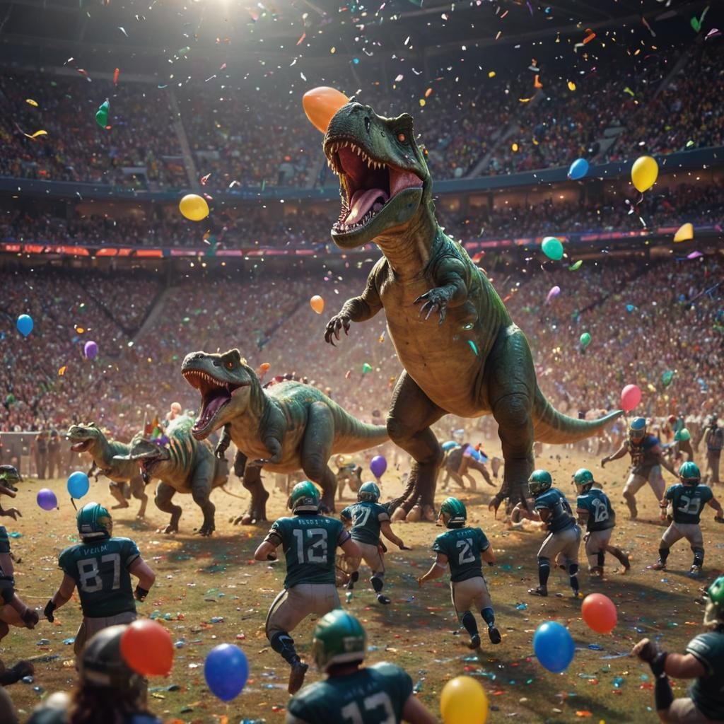 Dinosaurs in Vibrant Oil Painting Football Stadium Scene