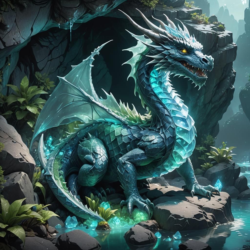 Crystal Water Dragon on Rocky Cliff in ZBrush Style