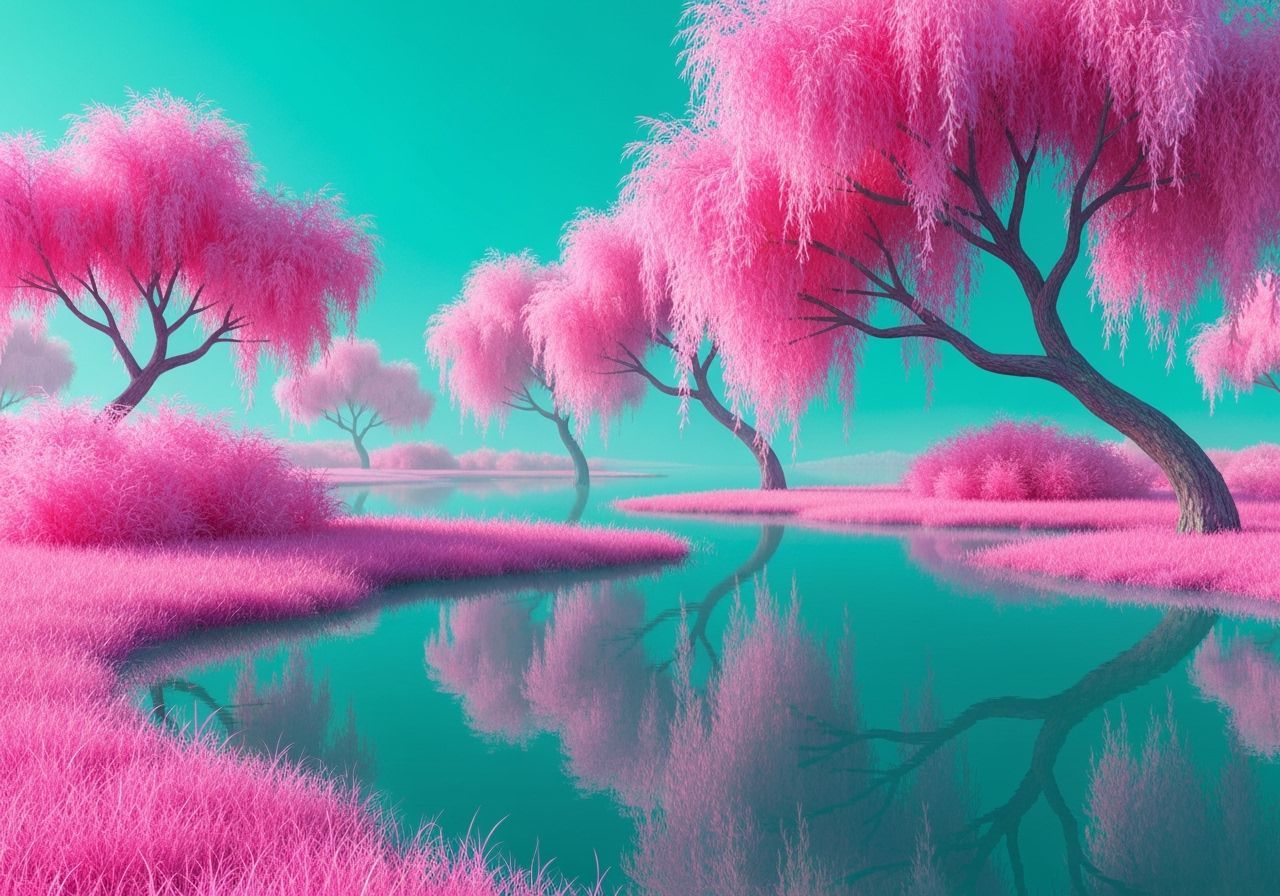 Surreal Landscape with Fluffy Pink Trees in Fantasy Style