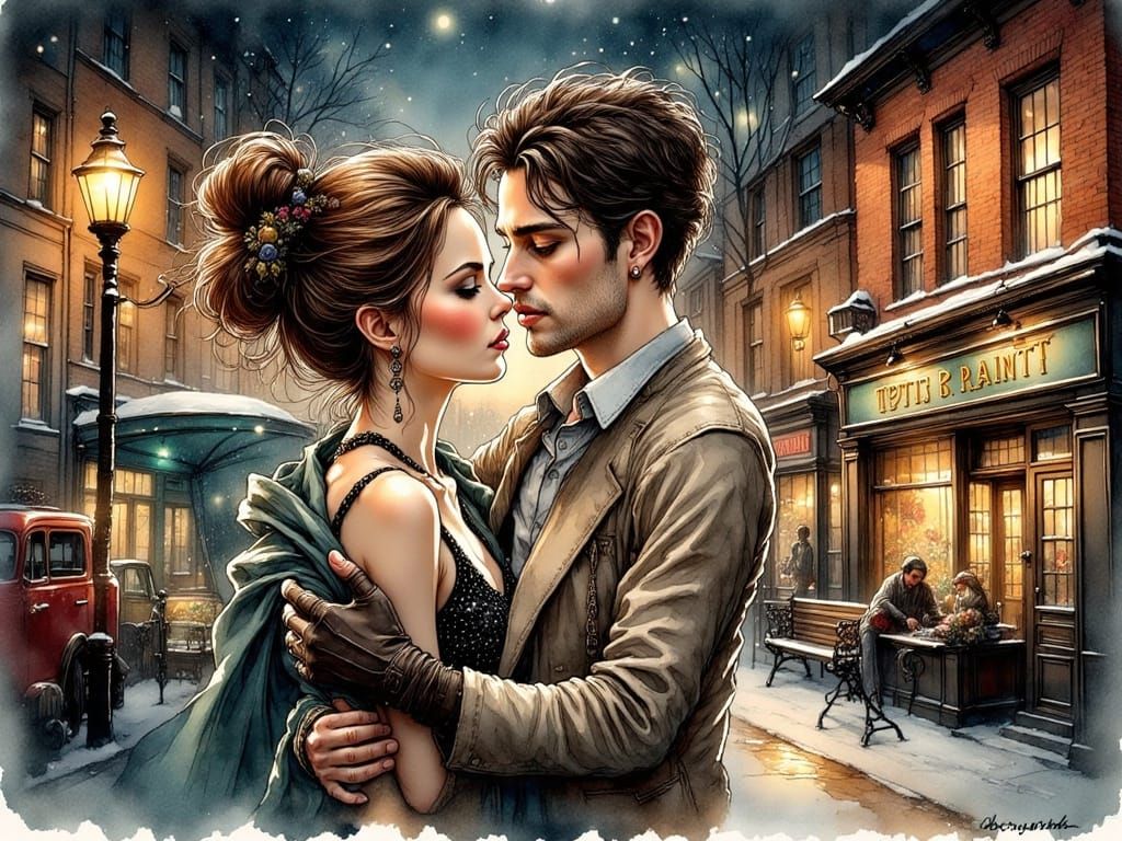 Romantic Winter Kiss in Illustrated Style