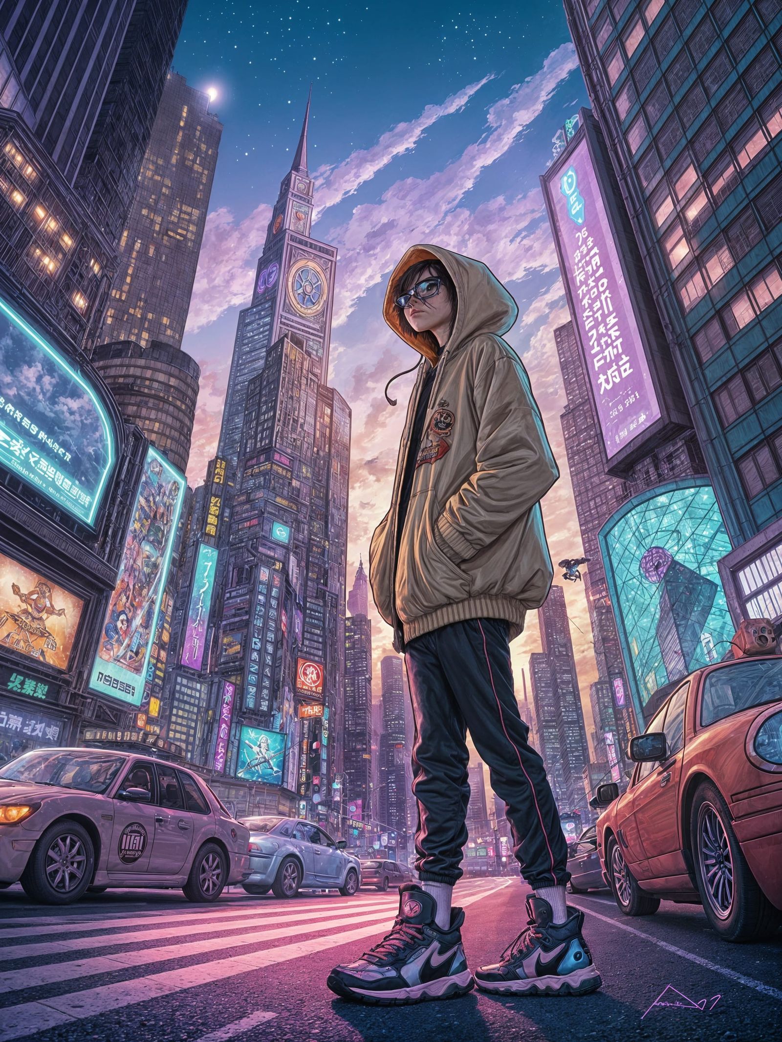 Cartoon Character in Neon Cityscape, Comic Art Style