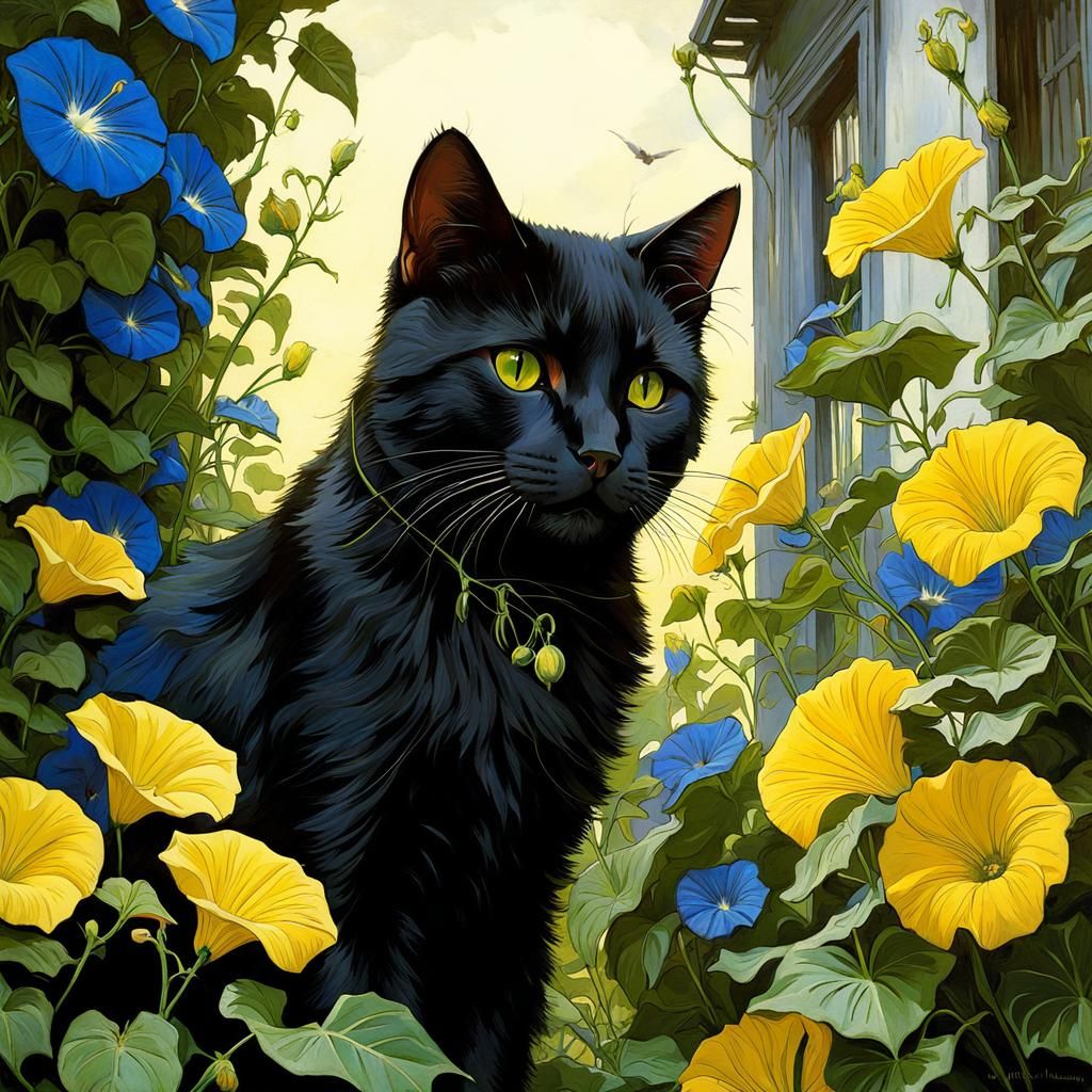 Black Cat in Yellow Morning Glories, Anime Style