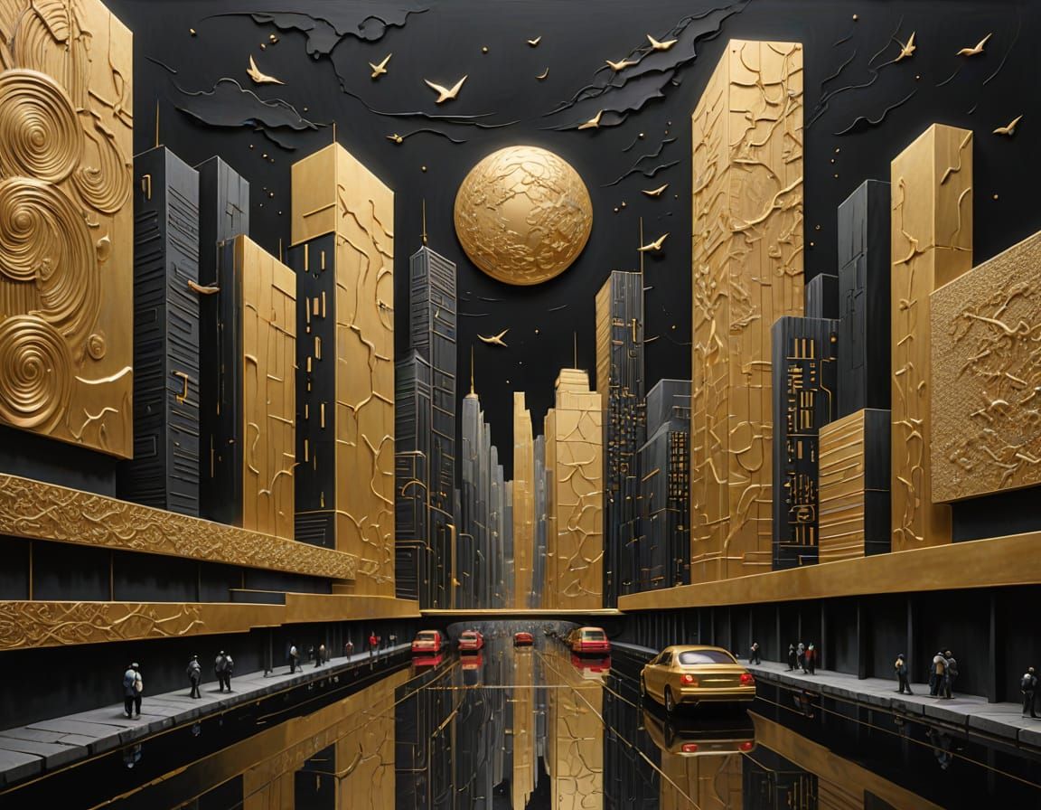 Futuristic Cityscape with Gold Accents in Decorative Art Sty...
