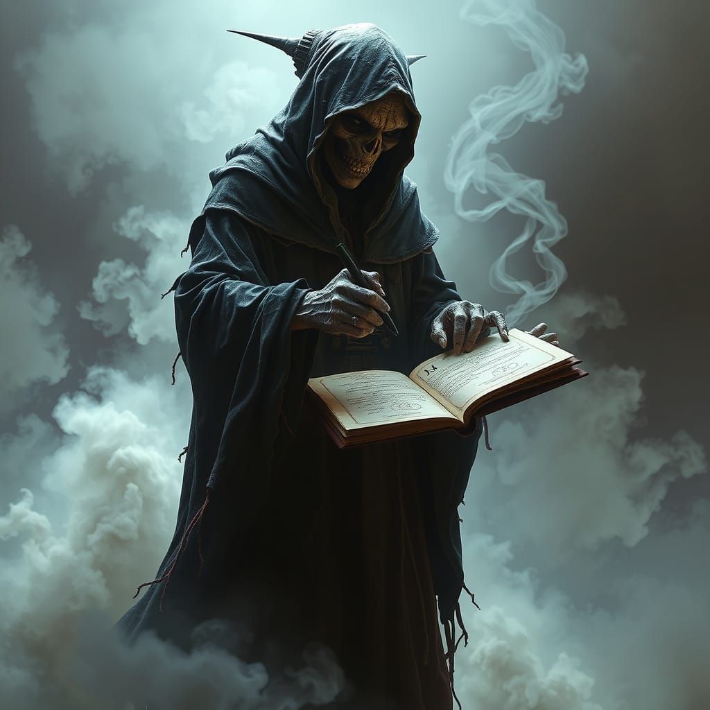 Grotesque Entity Writes Arcane Symbols in Ethereal Tome