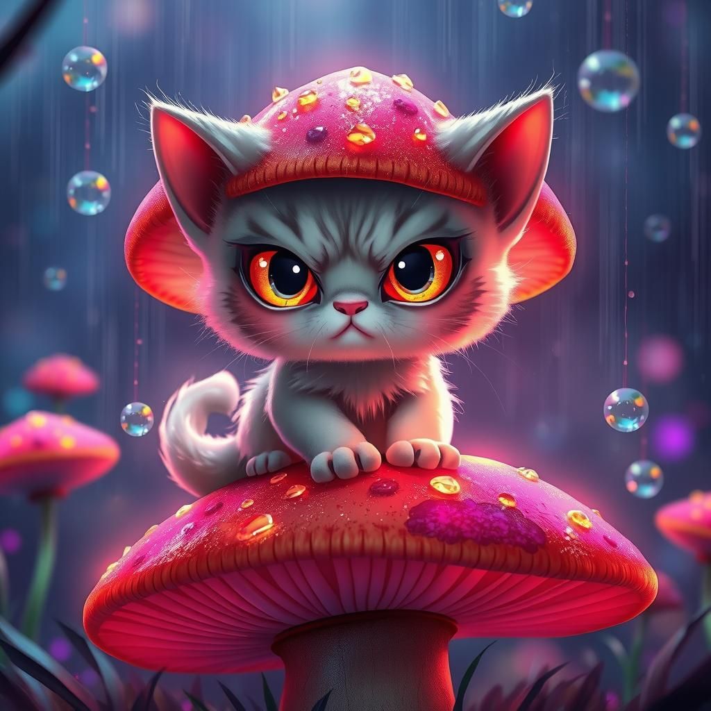 Luminous Cartoon Kitten on Glistening Mushroom