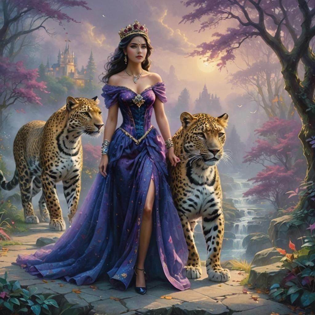Woman and Leopard in Autumn Fantasy Landscape