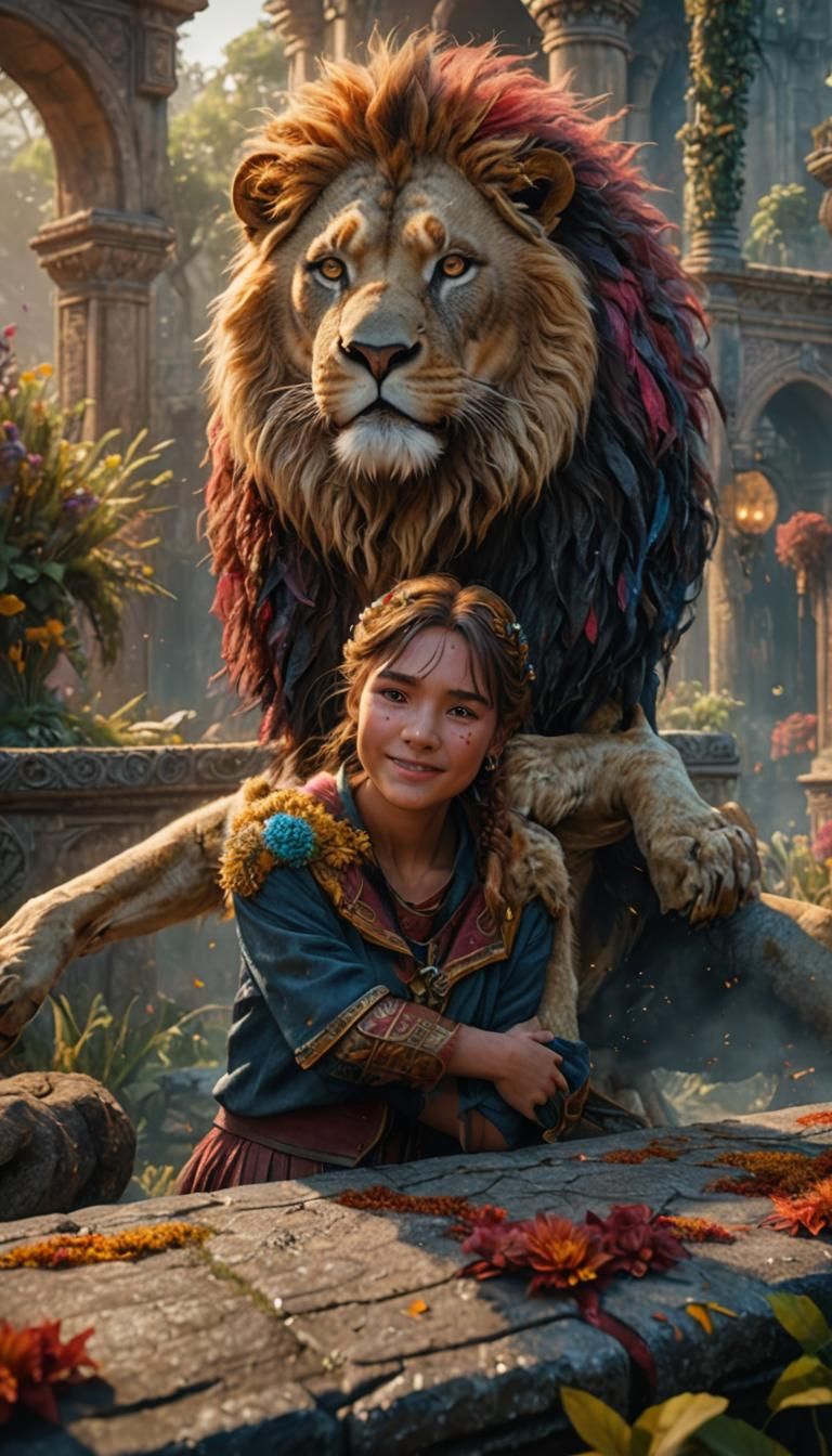 Lion Hugs Girl: Detailed Matte Painting