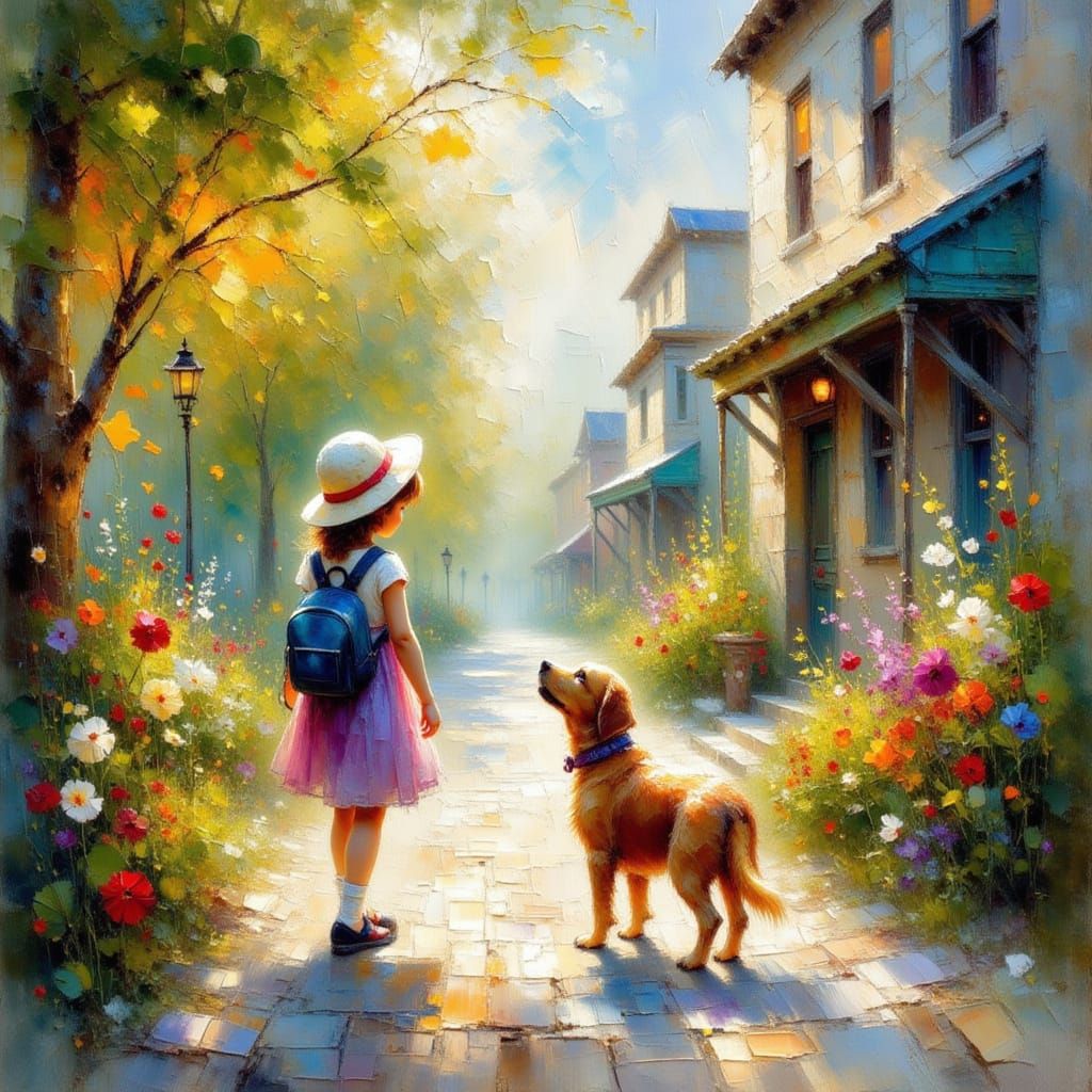Girl and Dog in New England Town, Impressionist Painting