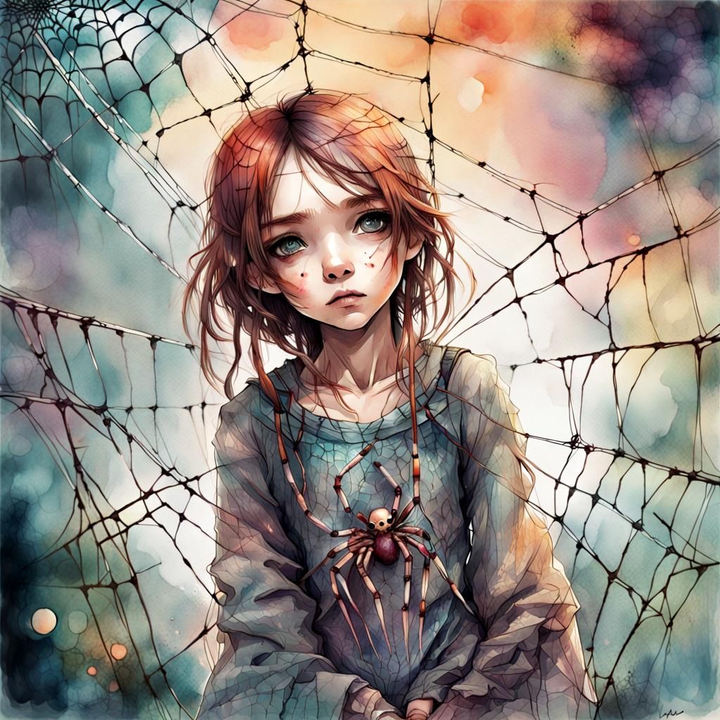 Chibi Spider Girl in Web, Digital Watercolor Art