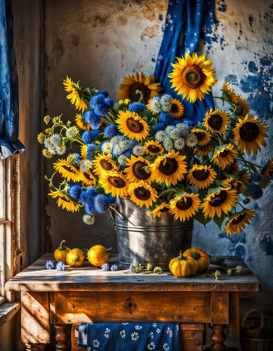 Sunflowers and Delft Blue Flowers Still Life