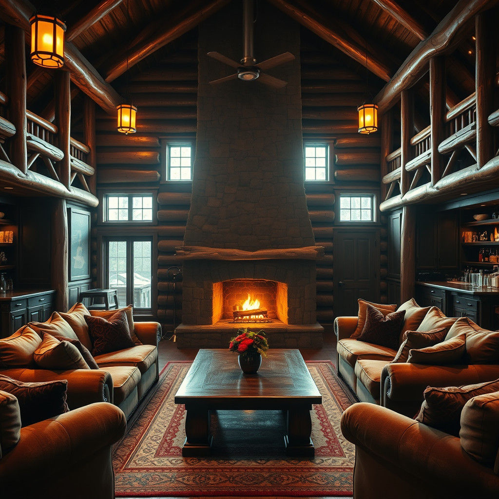 Majestic Rustic Log Cabin Den with Fireplace