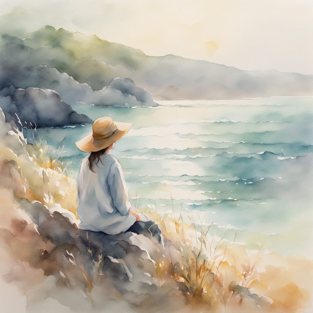 Woman at Sea Watercolor Painting